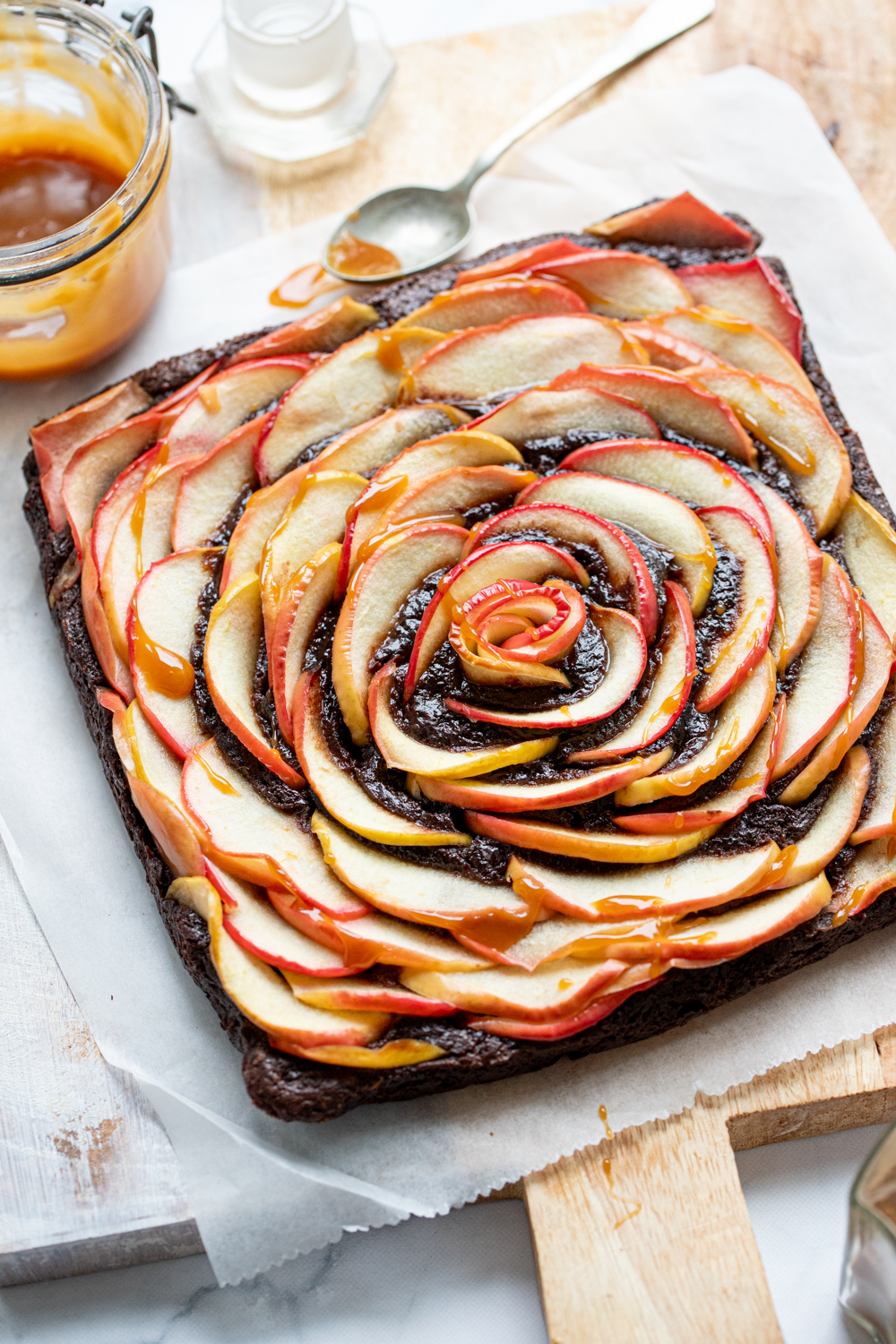 Apple cider brownie with an apple rose pattern, photographed from the top