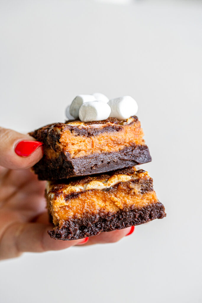 Delicious Sweet Potato Brownie Bars with fluffy toasted marshmallows, perfect for Thanksgiving dessert.