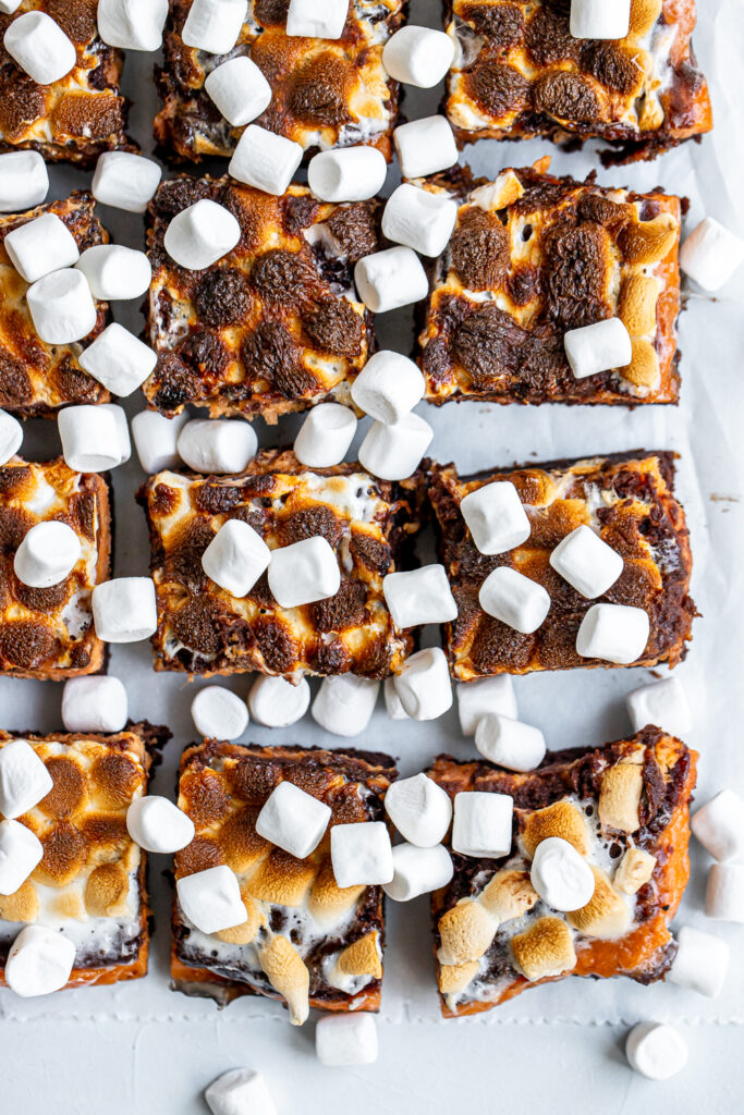 Delicious Sweet Potato Brownie Bars with fluffy toasted marshmallows, perfect for Thanksgiving dessert.