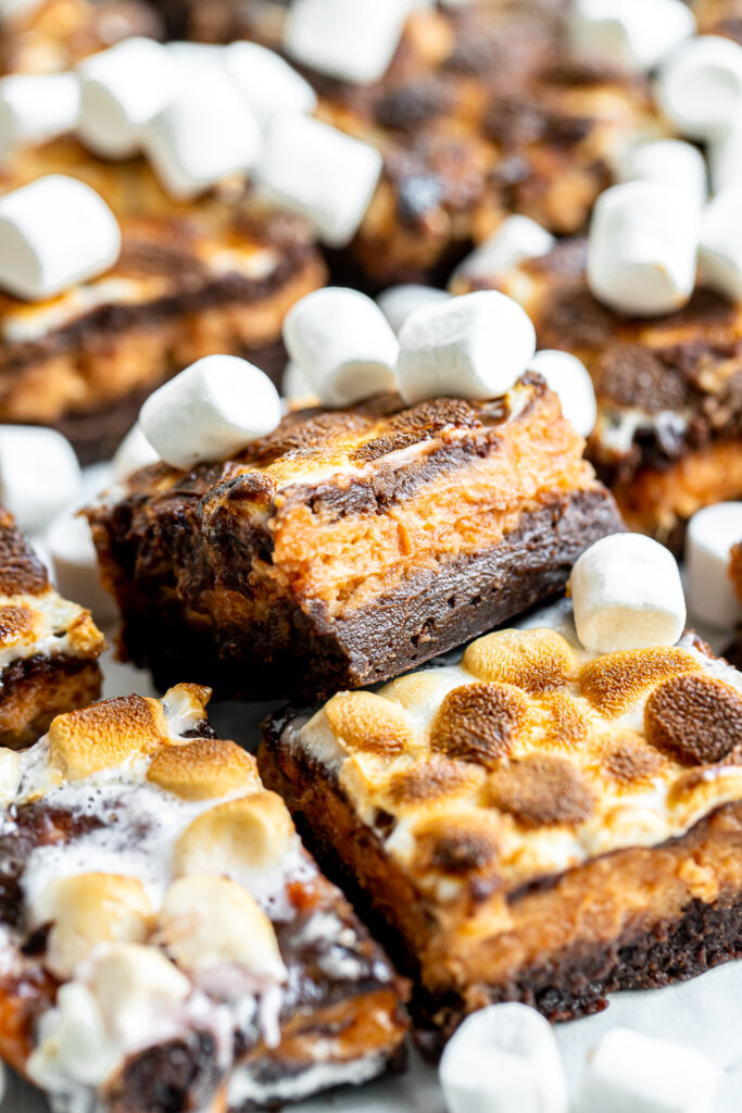 Side view of a thick Sweet Potato Brownie Bar slice with visible layers of dark chocolate, spiced sweet potato, and golden marshmallow.