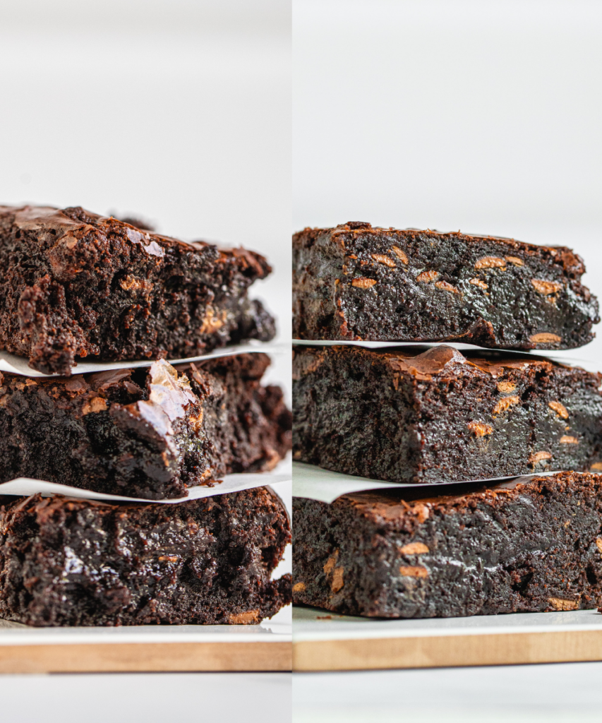 A side-by-side comparison of chocolate brownies sliced warm with crumbles on the left versus perfectly clean-cut chilled brownies on the right.