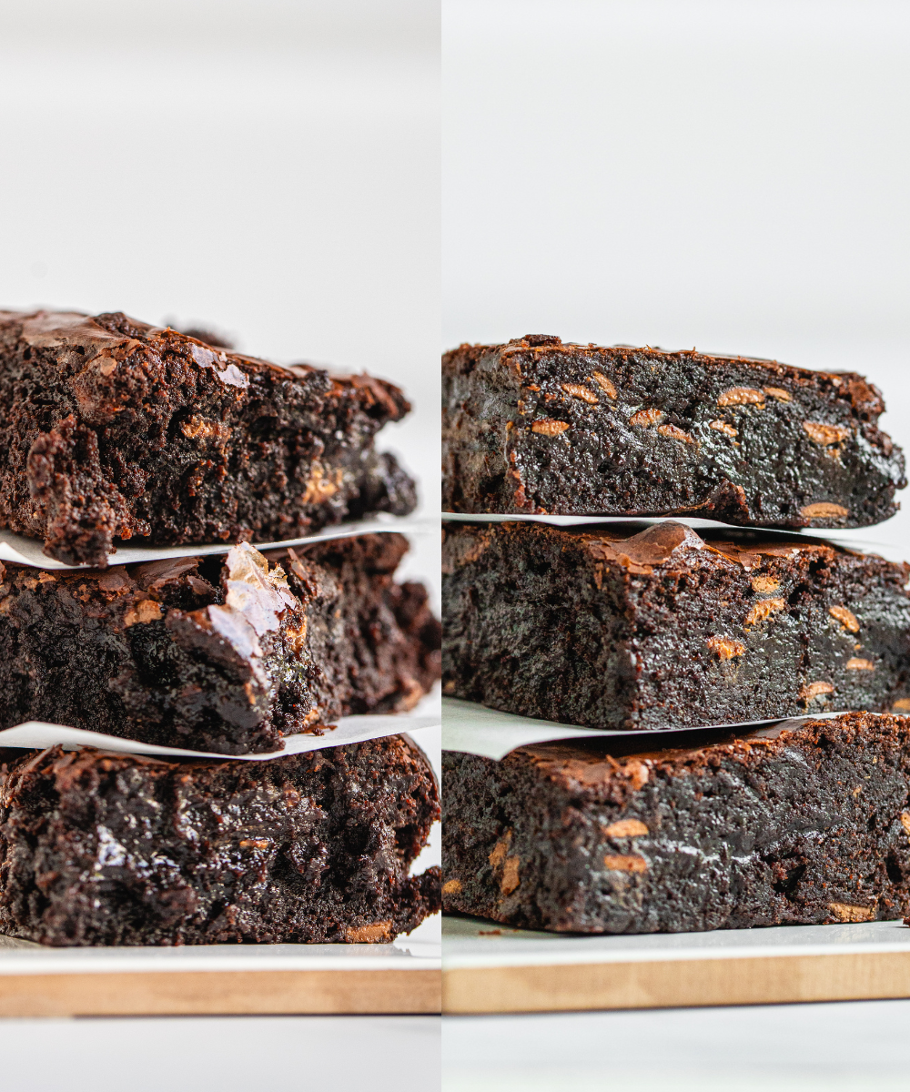 A side-by-side comparison of chocolate brownies sliced warm with crumbles on the left versus perfectly clean-cut chilled brownies on the right.